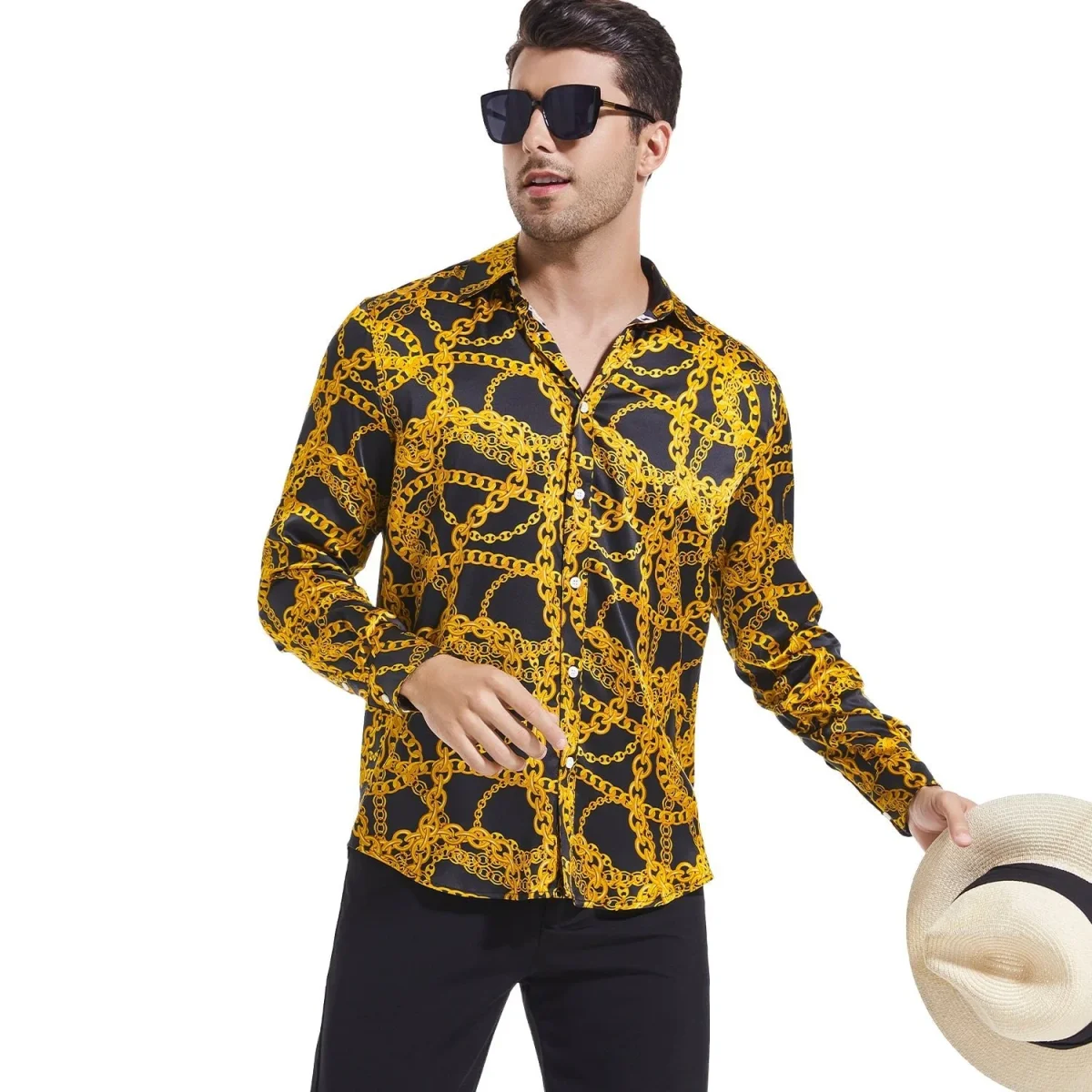Botón de estampado de cadenas doradas para hombres con camisa de seda de manga larga - Imagen 5