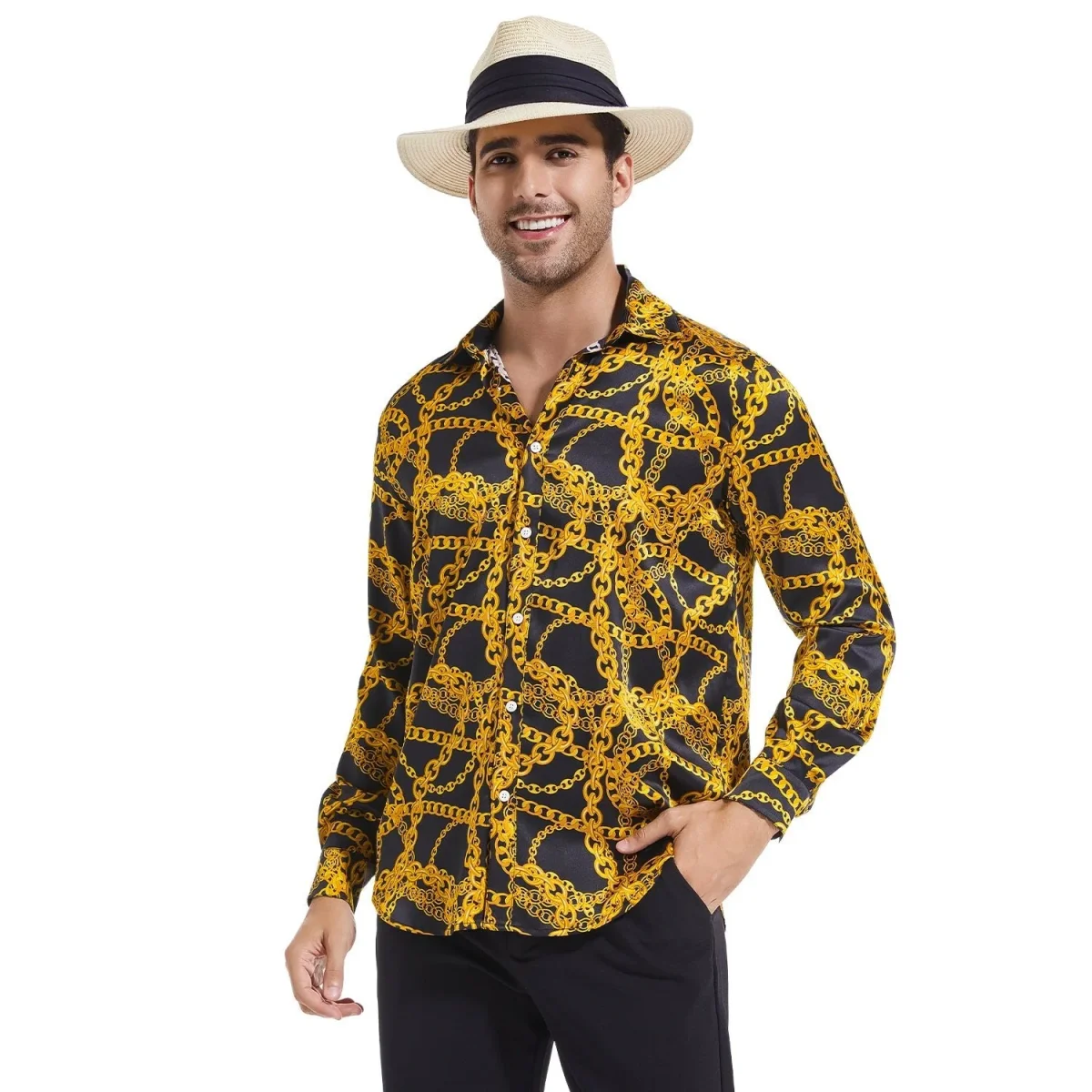 Botón de estampado de cadenas doradas para hombres con camisa de seda de manga larga - Imagen 6