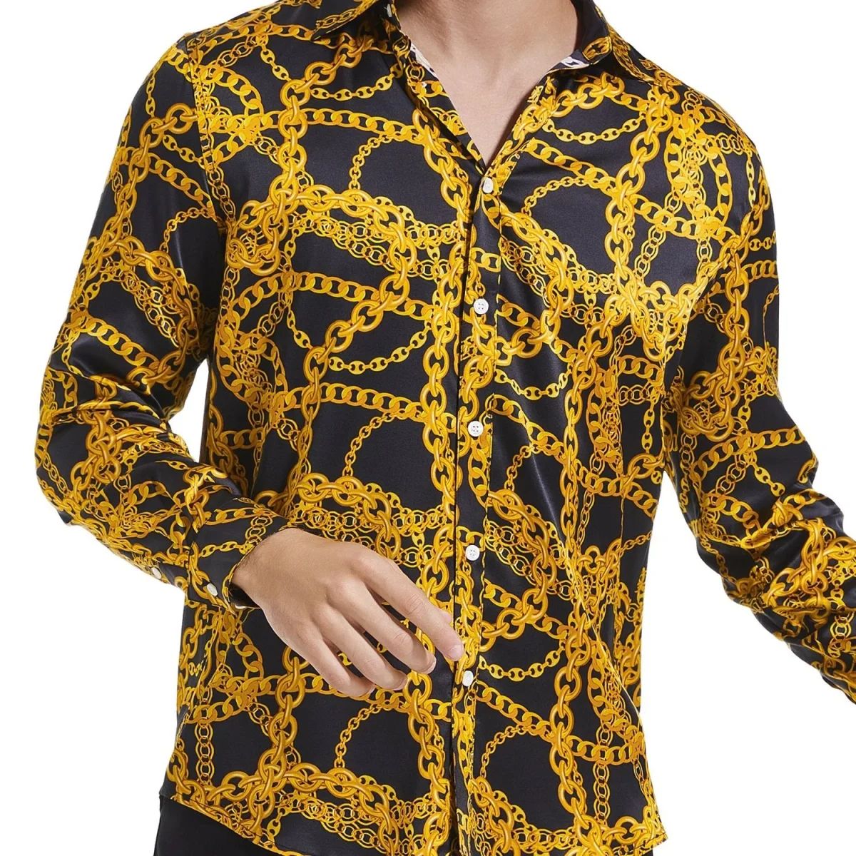 Botón de estampado de cadenas doradas para hombres con camisa de seda de manga larga - Imagen 7