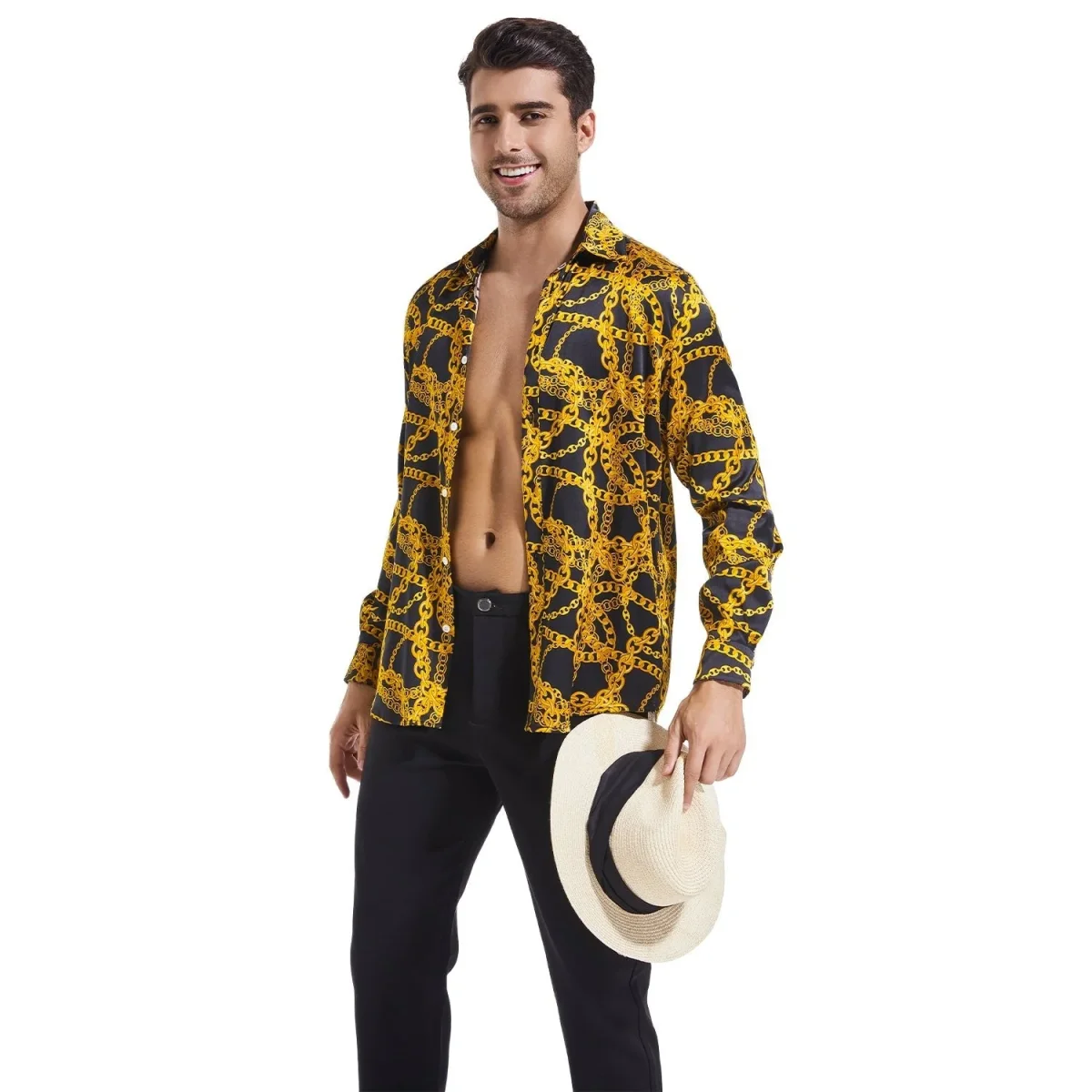Botón de estampado de cadenas doradas para hombres con camisa de seda de manga larga - Imagen 8