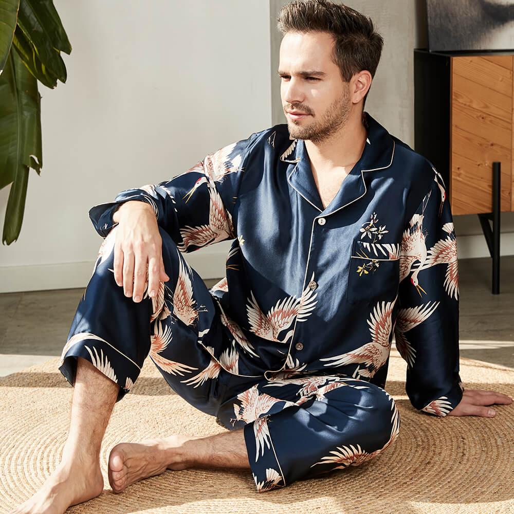 Conjunto de pijama de seda de lujo para hombre Ropa de dormir de seda con estampado de grullas - Imagen 2