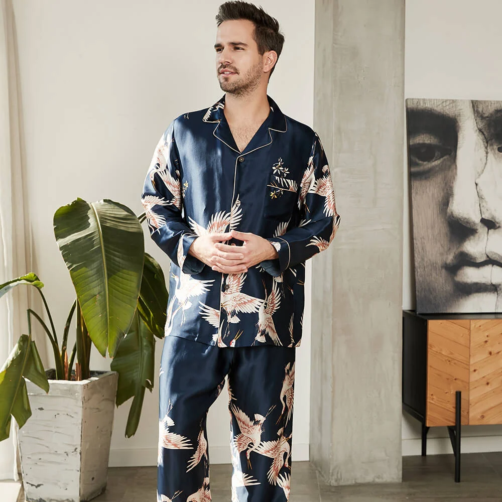 Conjunto de pijama de seda de lujo para hombre Ropa de dormir de seda con estampado de grullas - Imagen 3