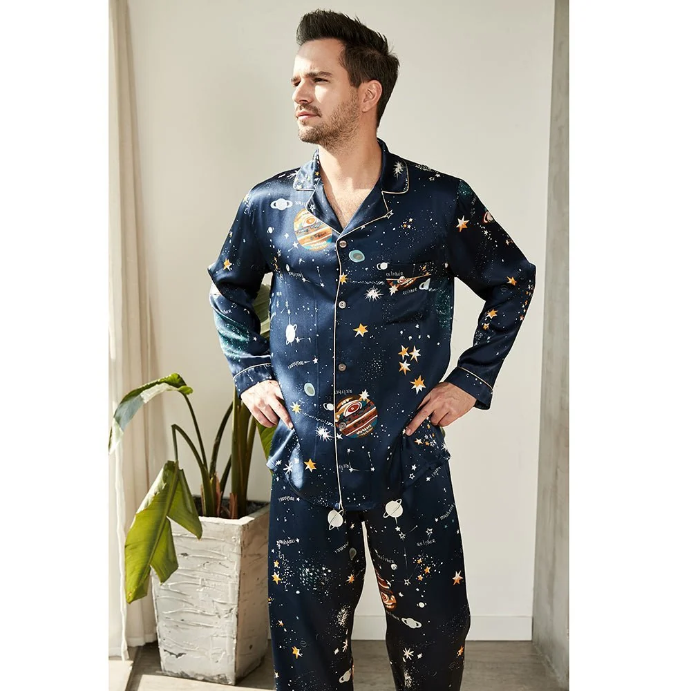 Pajama de pijama de seda de lujo para hombres Galaxy estampado de mulberry Silk Sleepwear - Imagen 3
