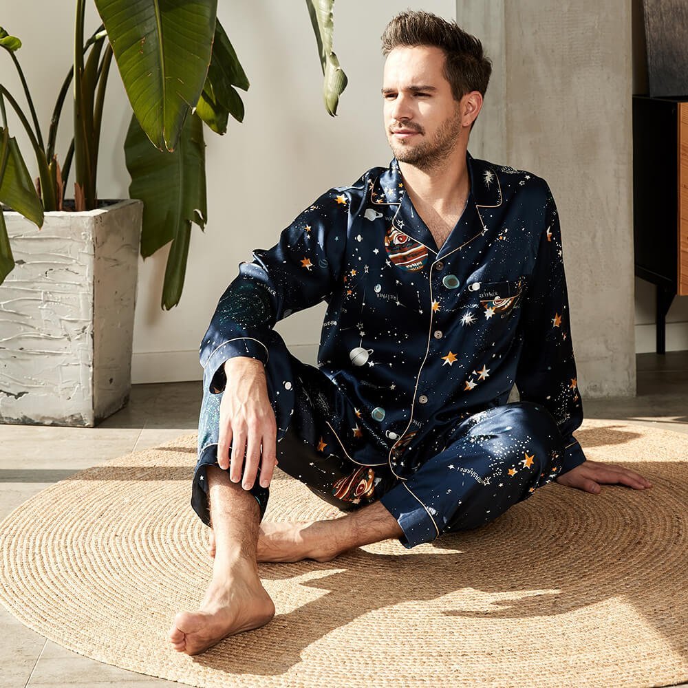 Pajama de pijama de seda de lujo para hombres Galaxy estampado de mulberry Silk Sleepwear