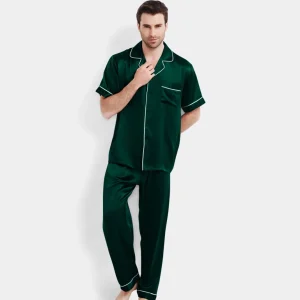 Conjunto de pijama de seda con pantalones largos y manga corta para hombre