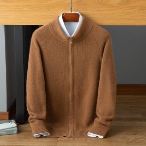 Suéter de cachemira con cremallera para hombre Abrigo de punto de manga larga con cuello levantado