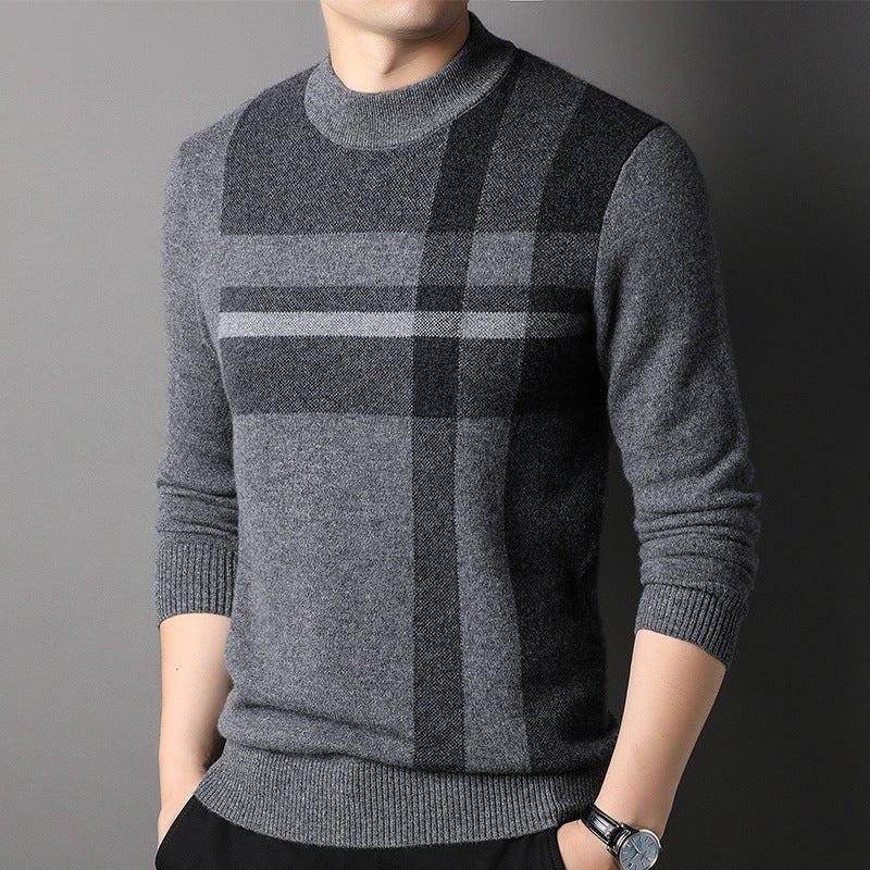 Suéter de cachemira pura con estampado de cuadros para hombre con cuello redondo y dobladillo acanalado - Imagen 4