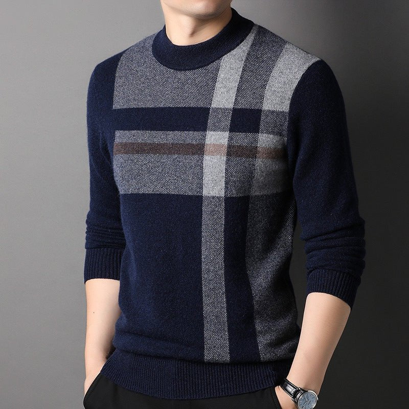 Suéter de cachemira pura con estampado de cuadros para hombre con cuello redondo y dobladillo acanalado - Imagen 2
