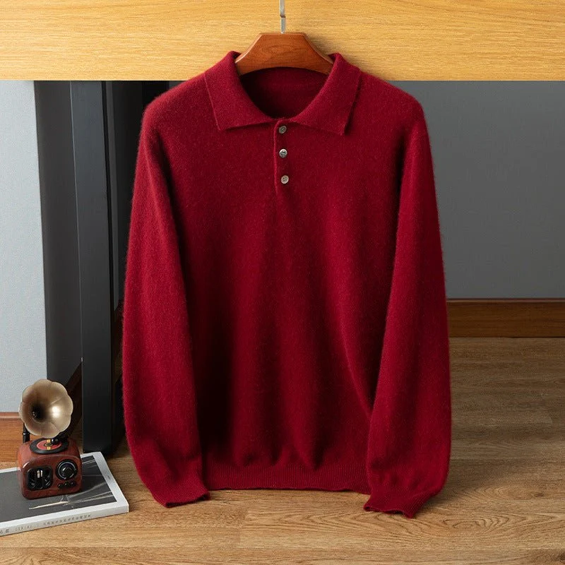 Suéter tipo polo de cachemira para hombre Jersey con dobladillo acanalado de punto suave en la parte delantera con botones - Imagen 4