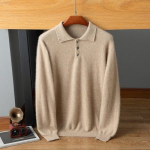 Suéter tipo polo de cachemira para hombre Jersey con dobladillo acanalado de punto suave en la parte delantera con botones