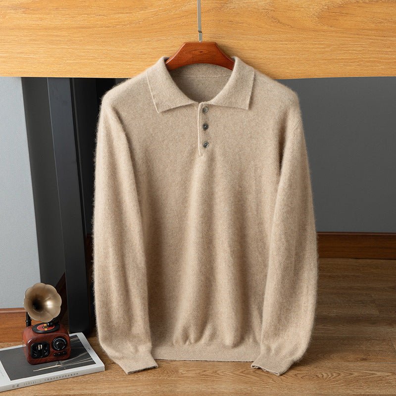 Suéter tipo polo de cachemira para hombre Jersey con dobladillo acanalado de punto suave en la parte delantera con botones