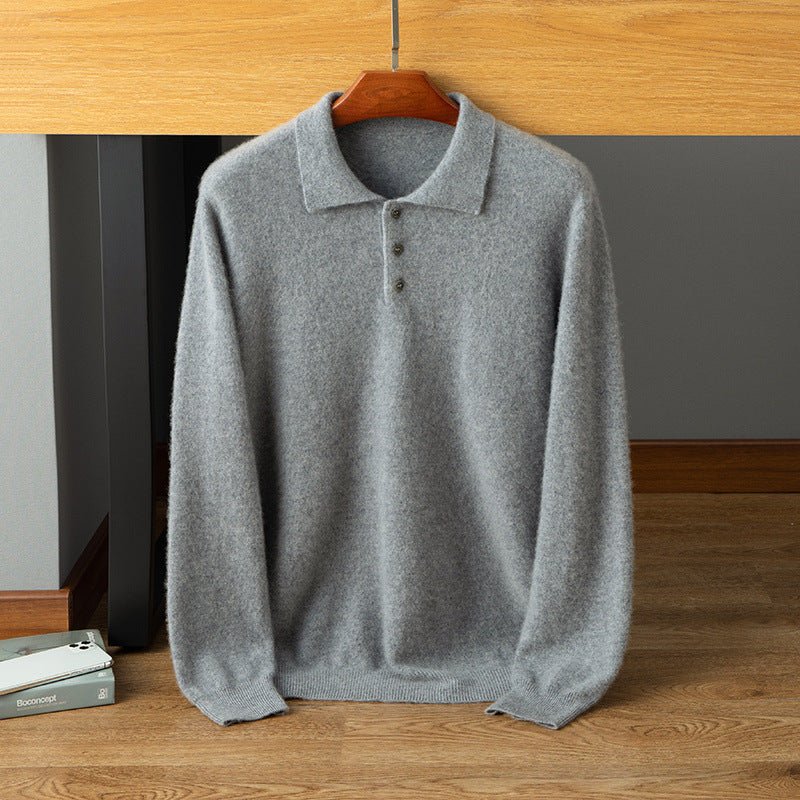 Suéter tipo polo de cachemira para hombre Jersey con dobladillo acanalado de punto suave en la parte delantera con botones - Imagen 3