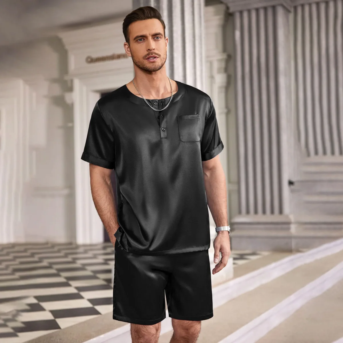 Pajama de seda corta para hombre Mulberry Silk Sleepwear de dos piezas - Imagen 3