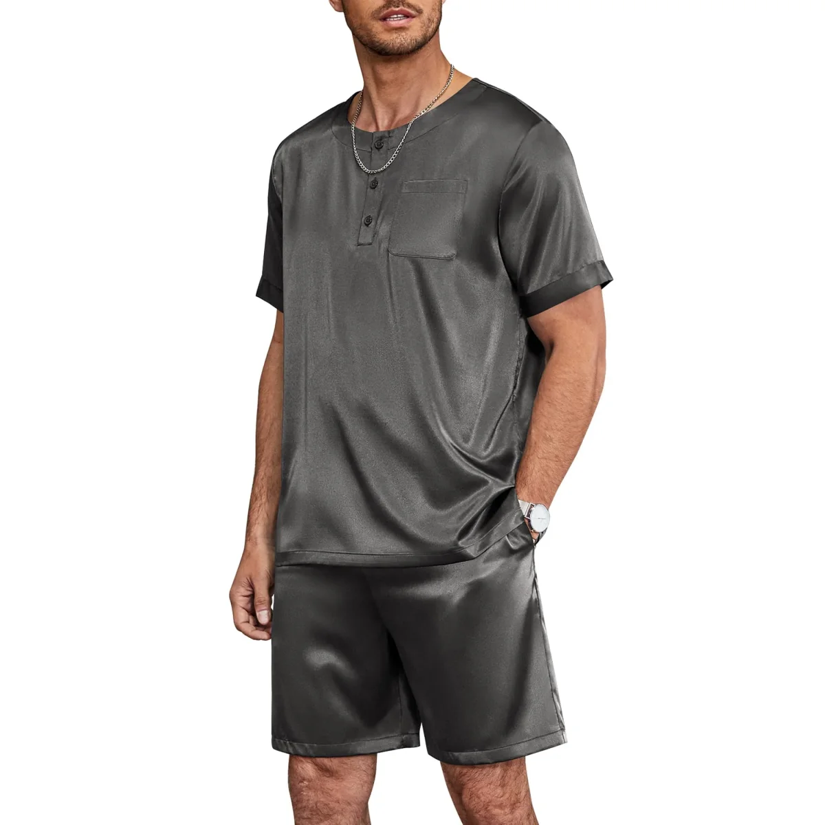 Pajama de seda corta para hombre Mulberry Silk Sleepwear de dos piezas - Imagen 5