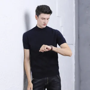 Suéter de punto de cachemira pura de manga corta para hombre Sudadera con cuello simulado