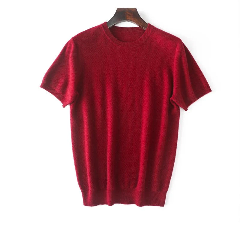 Suéter de cachemira pura de manga corta para hombre Tops de punto texturizados con cuello redondo - Imagen 6