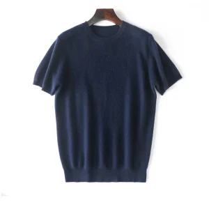 Suéter de cachemira pura de manga corta para hombre Tops de punto texturizados con cuello redondo