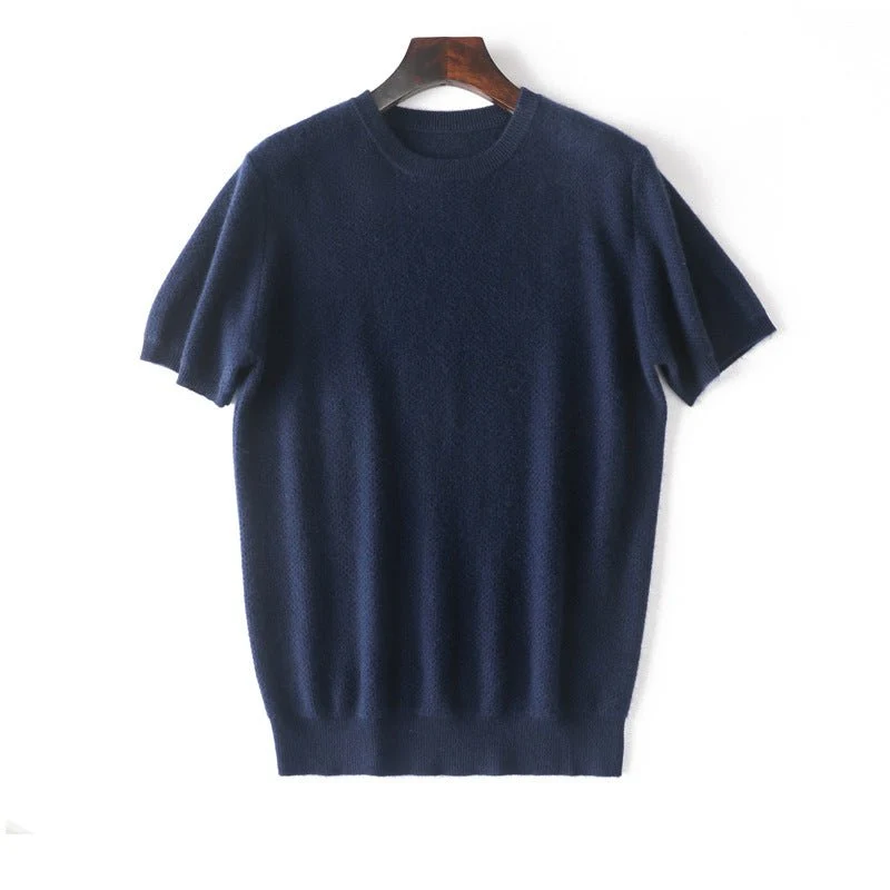 Suéter de cachemira pura de manga corta para hombre Tops de punto texturizados con cuello redondo