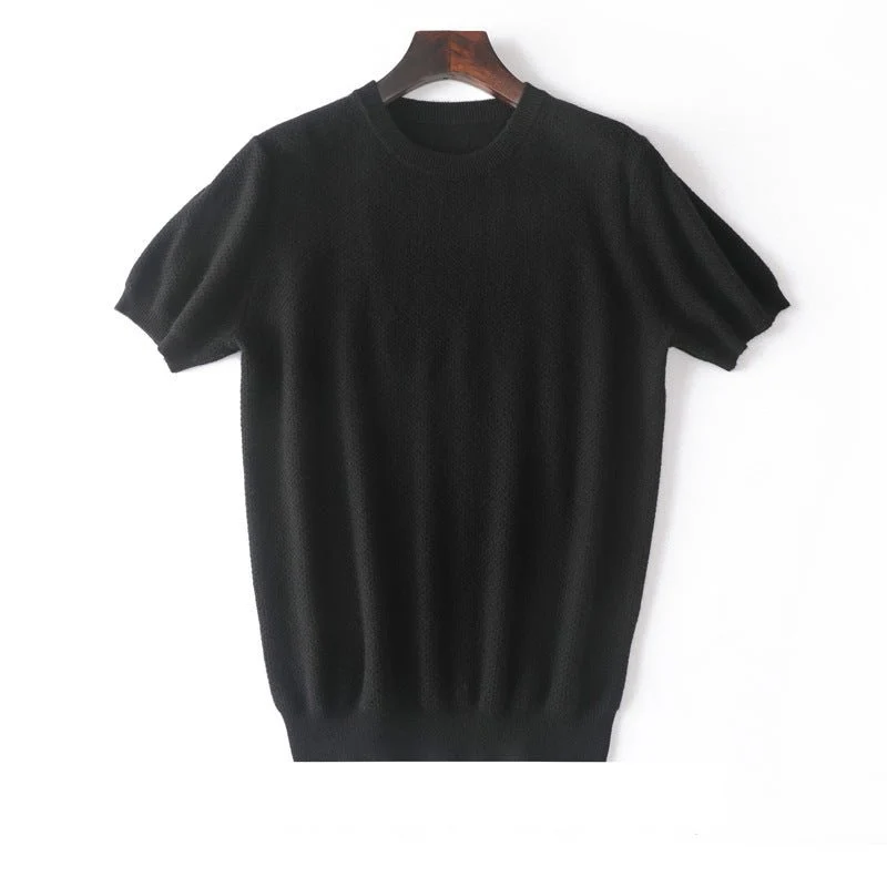 Suéter de cachemira pura de manga corta para hombre Tops de punto texturizados con cuello redondo - Imagen 5