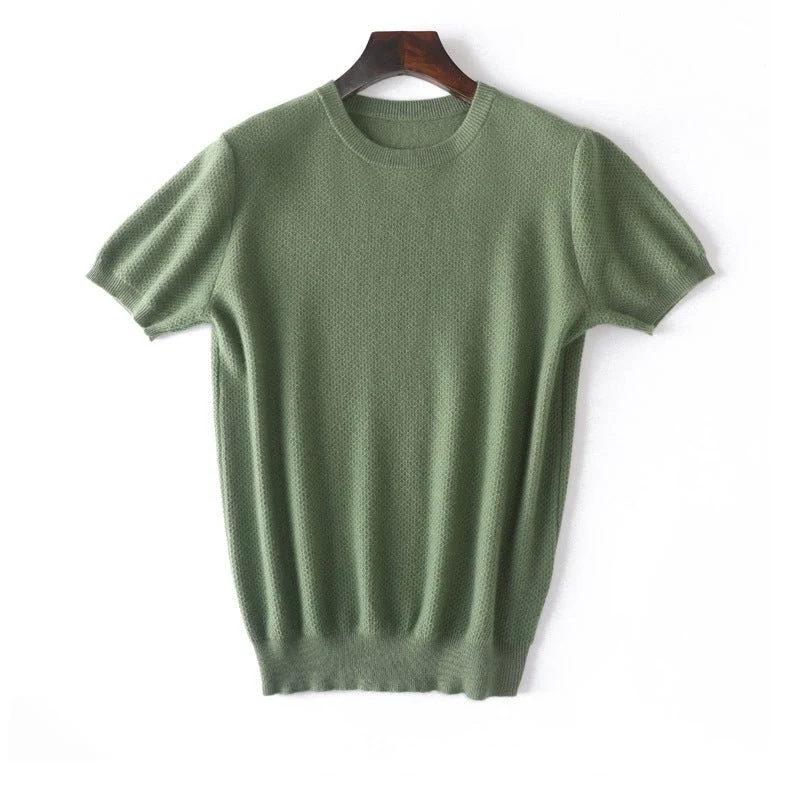 Suéter de cachemira pura de manga corta para hombre Tops de punto texturizados con cuello redondo - Imagen 4