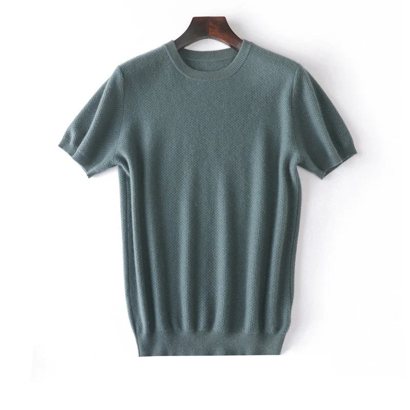 Suéter de cachemira pura de manga corta para hombre Tops de punto texturizados con cuello redondo - Imagen 7