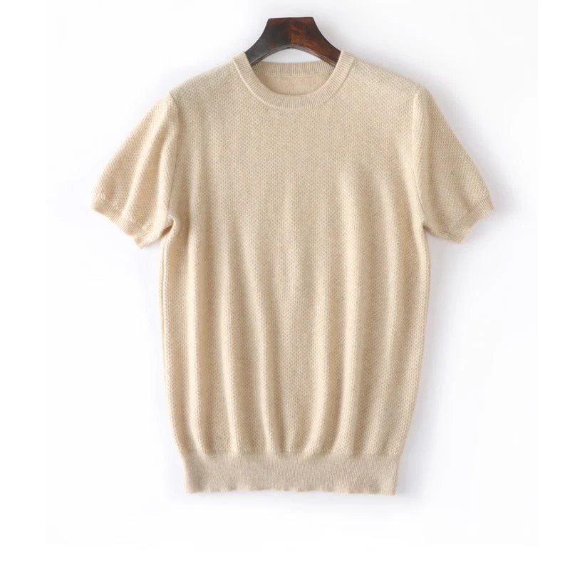 Suéter de cachemira pura de manga corta para hombre Tops de punto texturizados con cuello redondo - Imagen 3