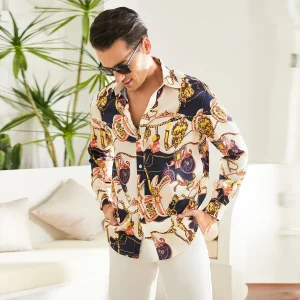 Camisa de seda estampada botón de manga larga camisa de seda