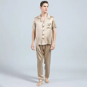 Conjunto de pijama de seda con pantalones largos y manga corta para hombre