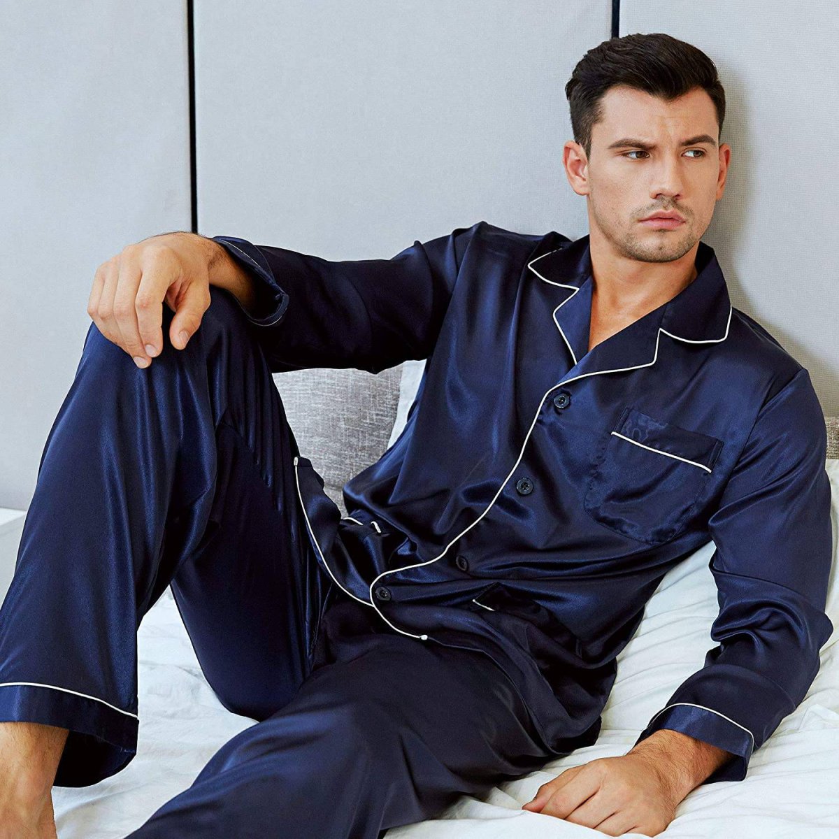 Pijama de seda para hombre con bolsillos Conjunto de pijama de seda de cuerpo entero - Imagen 8