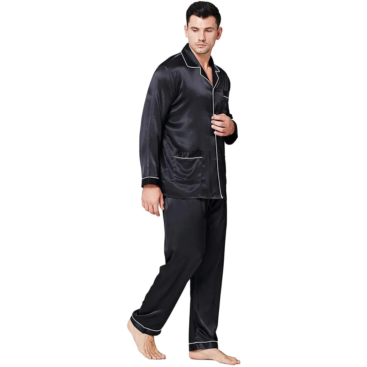 Pijama de seda para hombre con bolsillos Conjunto de pijama de seda de cuerpo entero - Imagen 5