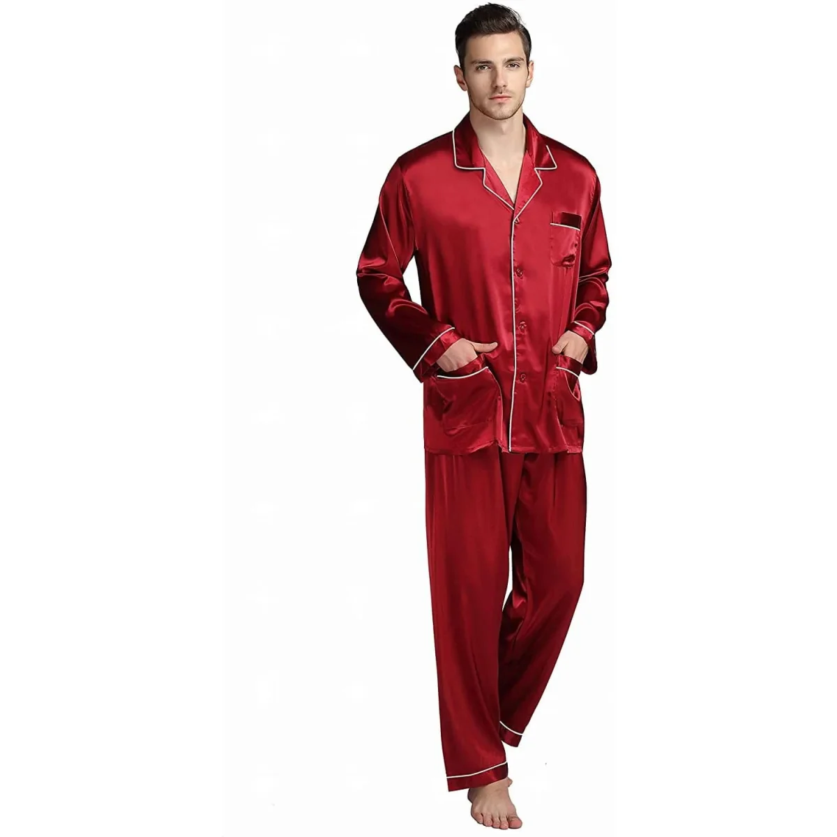 Pijama de seda para hombre con bolsillos Conjunto de pijama de seda de cuerpo entero - Imagen 2