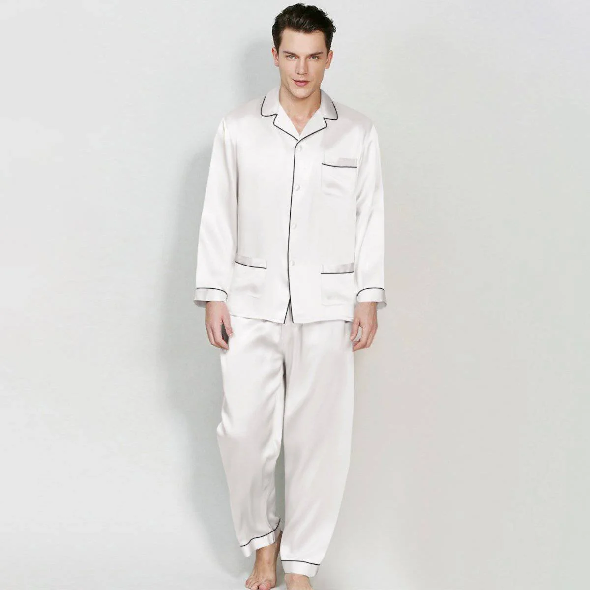 Pijama de seda para hombre con bolsillos Conjunto de pijama de seda de cuerpo entero - Imagen 9