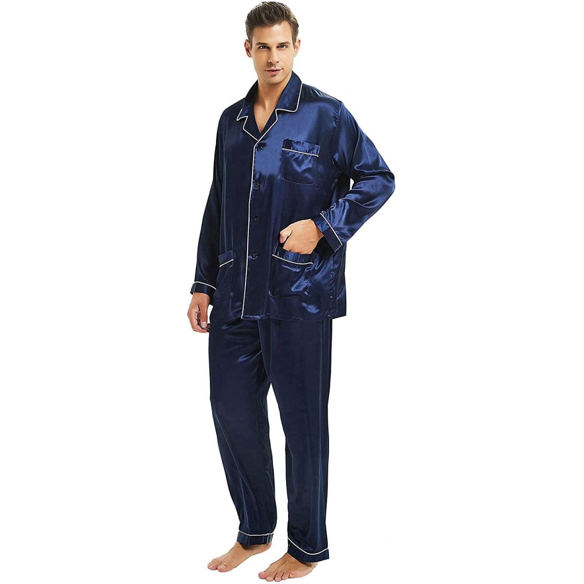 Pijama de seda para hombre con bolsillos Conjunto de pijama de seda de cuerpo entero - Imagen 6