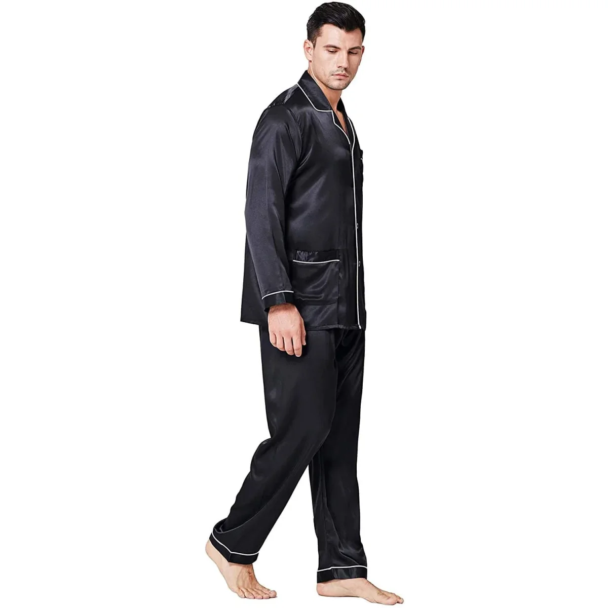 Pijama de seda para hombre con bolsillos Conjunto de pijama de seda de cuerpo entero - Imagen 3