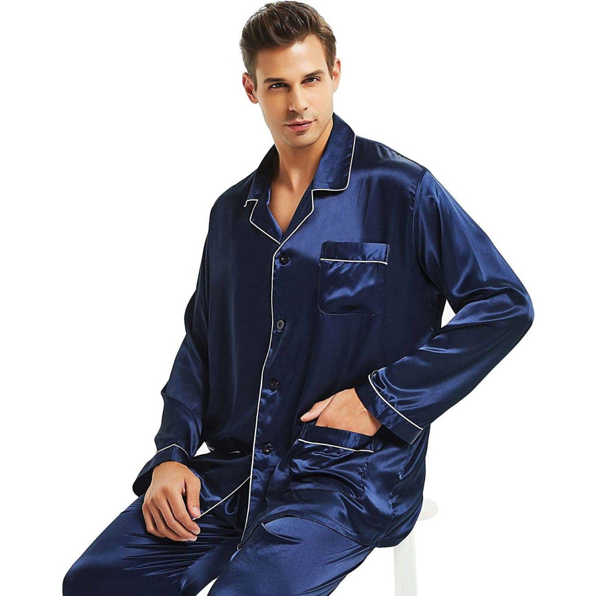 Pijama de seda para hombre con bolsillos Conjunto de pijama de seda de cuerpo entero - Imagen 7