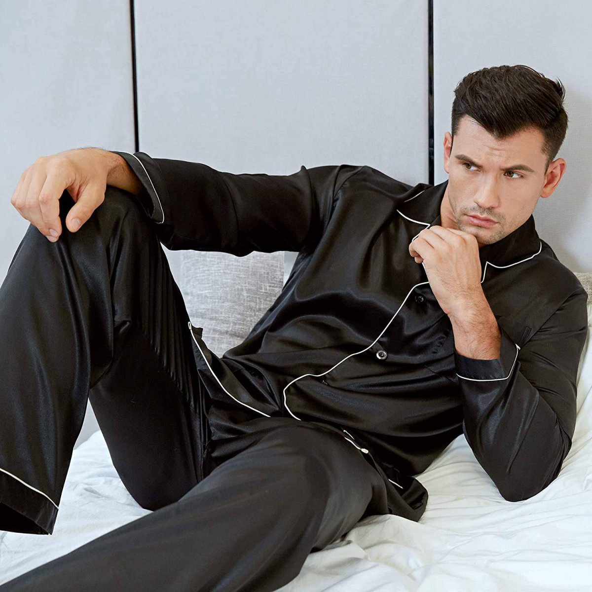 Pijama de seda para hombre con bolsillos Conjunto de pijama de seda de cuerpo entero - Imagen 4