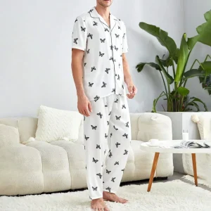 Conjunto de pijama de seda con estampado de mariposas de manga corta para hombre