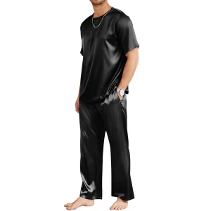 Pijama de seda para hombre con top henley de manga corta y pantalones de longitud completa