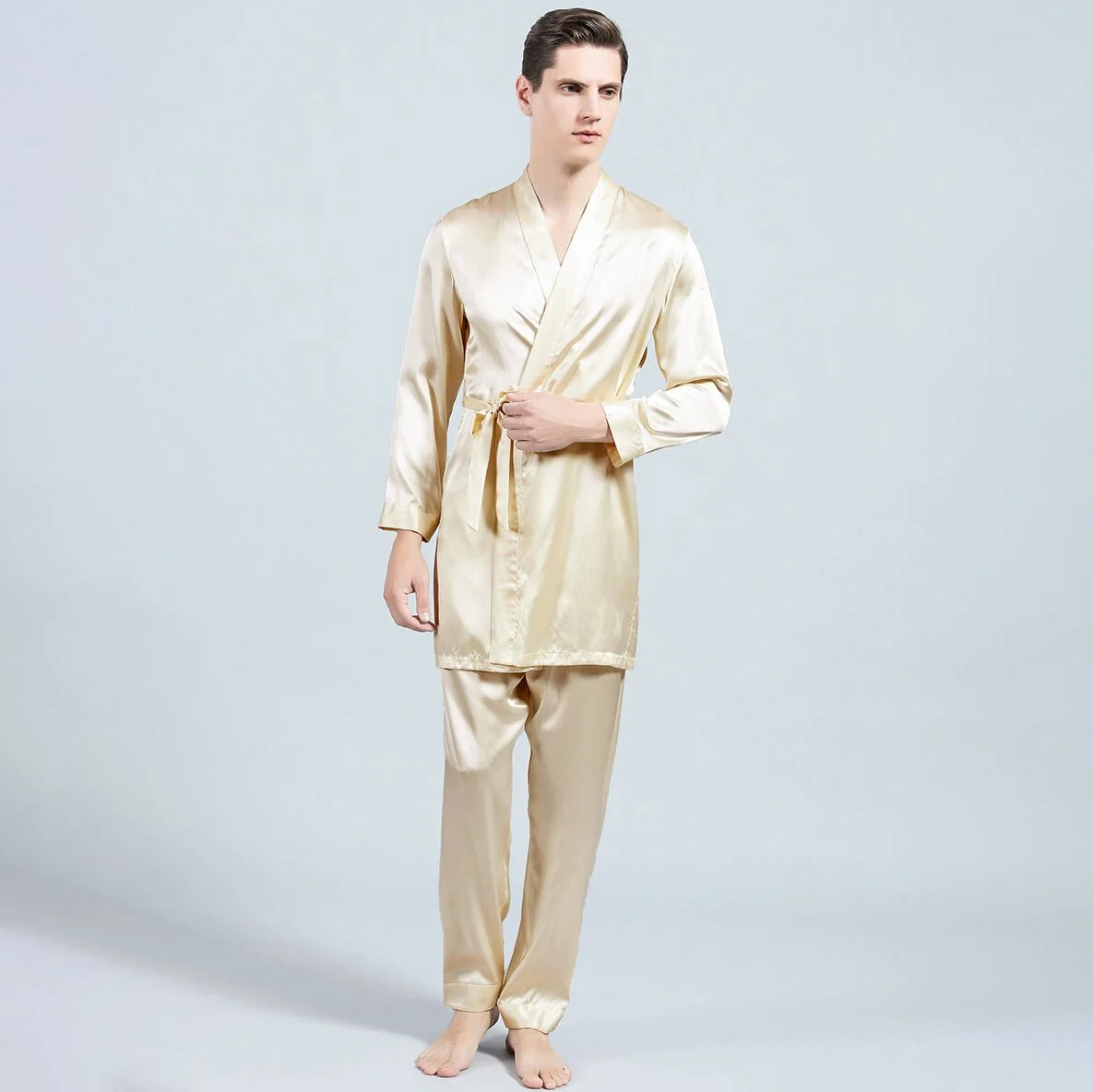 Pantalones de seda de seda para hombres Pantalones de pijama para hombres Silk Dos piezas juego de dos piezas - Imagen 3