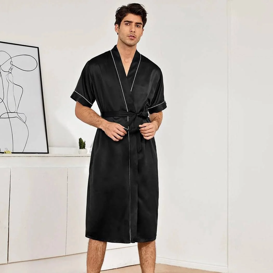 Conjunto de bata y pantalones cortos de seda para hombre con ribetes en contraste - Imagen 7