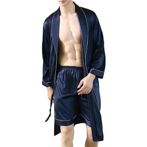 Conjunto de bata de seda y boxers de seda para hombre Conjunto de seda con ribete en contraste