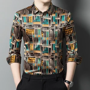 Camisas de seda para hombres camisas de vestir de seda de arte retro geométrico