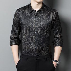 Camisas de seda para hombre Camisa de vestir de patrón de seda de manga larga