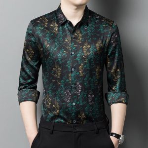 Camisas de seda para hombre Camisa de vestir de estampado botánico de manga larga