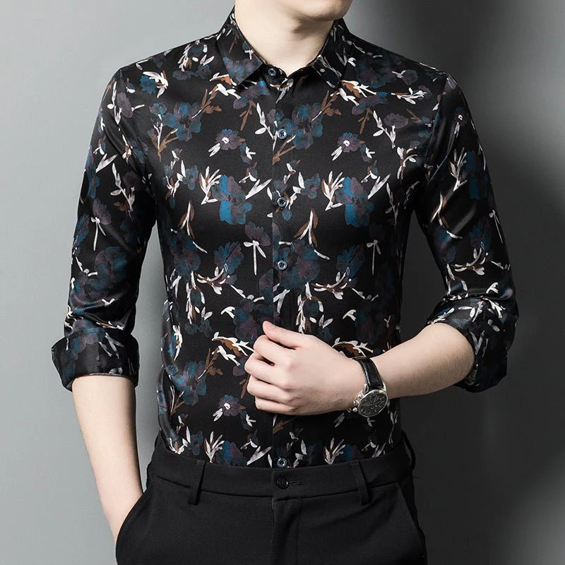 Camisas de seda para hombre camisas de estampado floral de manga larga - Imagen 4