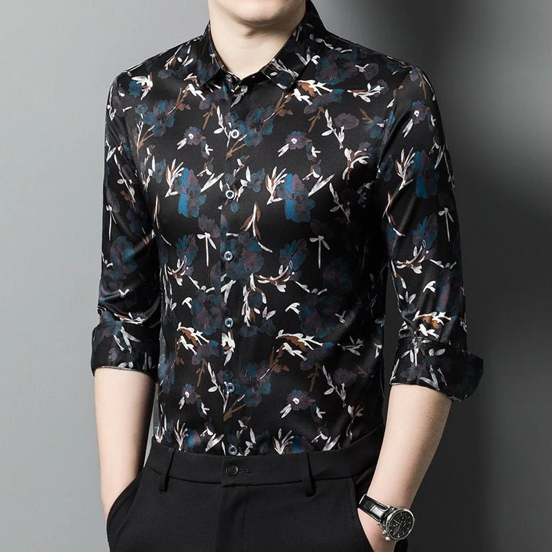 Camisas de seda para hombre camisas de estampado floral de manga larga - Imagen 2