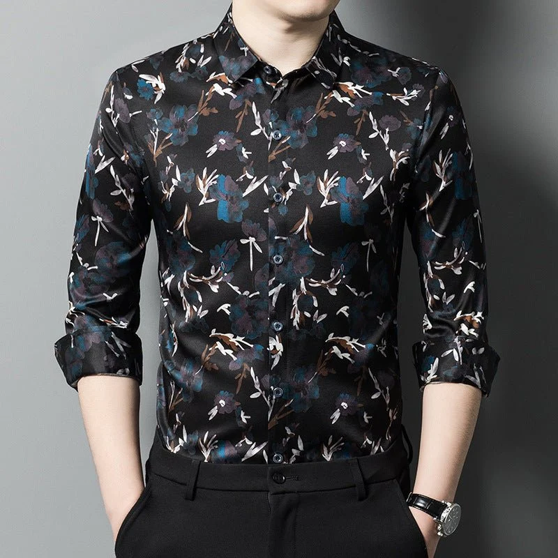 Camisas de seda para hombre camisas de estampado floral de manga larga - Imagen 3