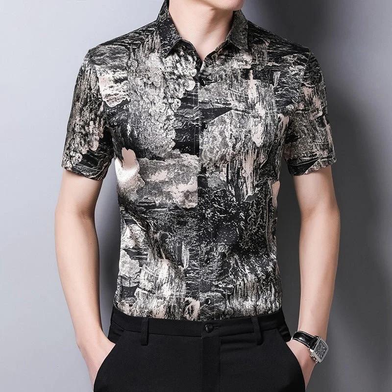 Camisas de seda para hombre Camisa de vestir de seda con botones en la parte delantera y estampado abstracto de manga corta - Imagen 5