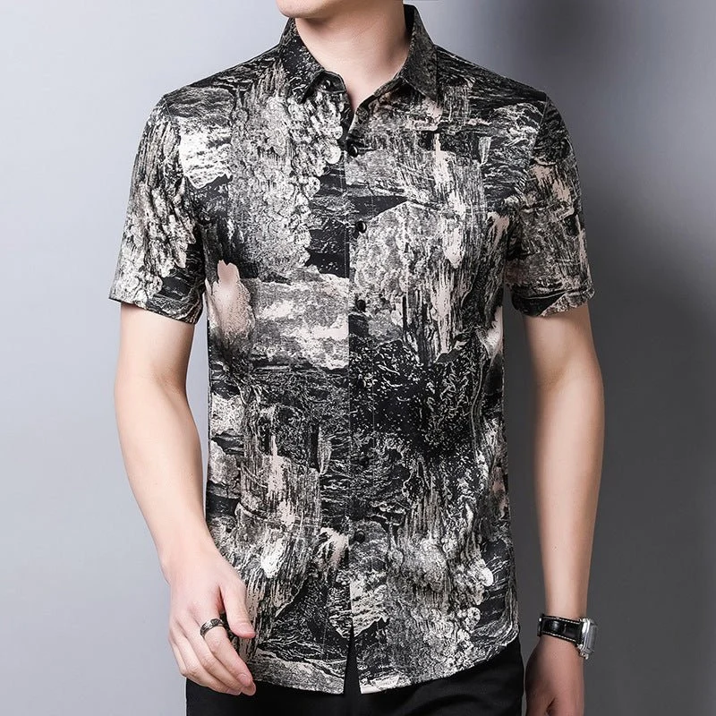 Camisas de seda para hombre Camisa de vestir de seda con botones en la parte delantera y estampado abstracto de manga corta - Imagen 3