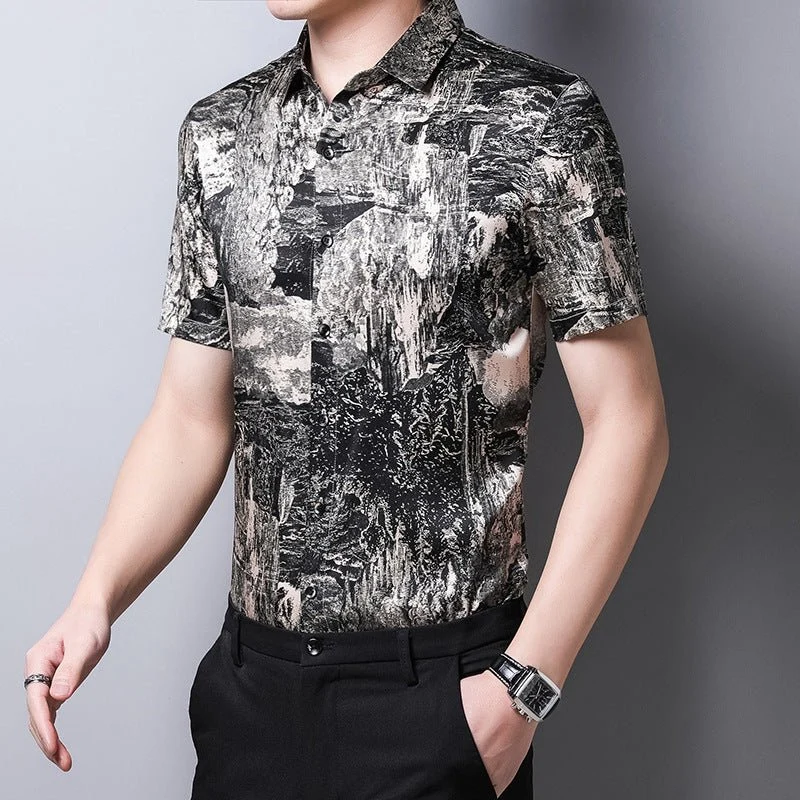 Camisas de seda para hombre Camisa de vestir de seda con botones en la parte delantera y estampado abstracto de manga corta - Imagen 6